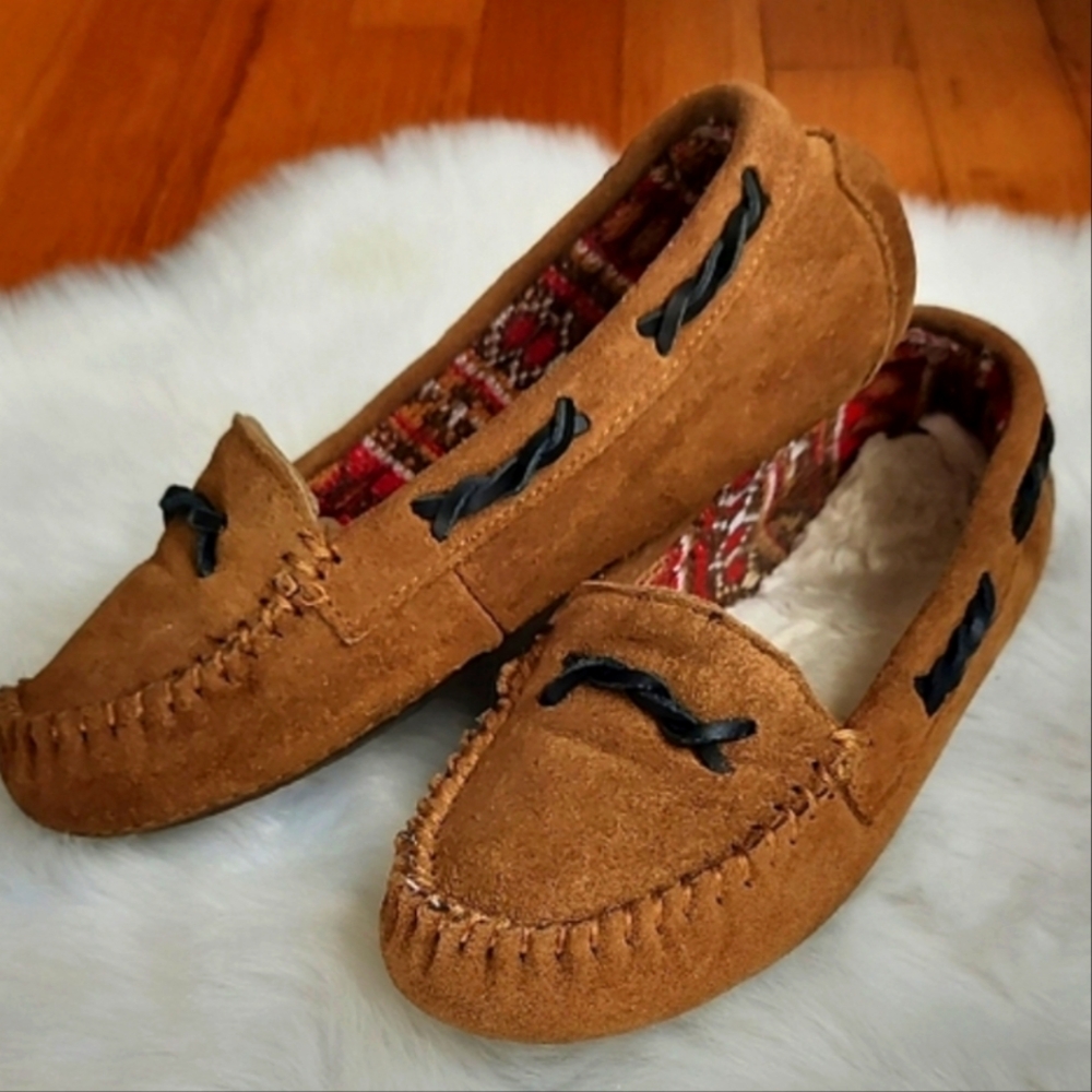 Suede Leather Tan Moccasins Slippers, 7